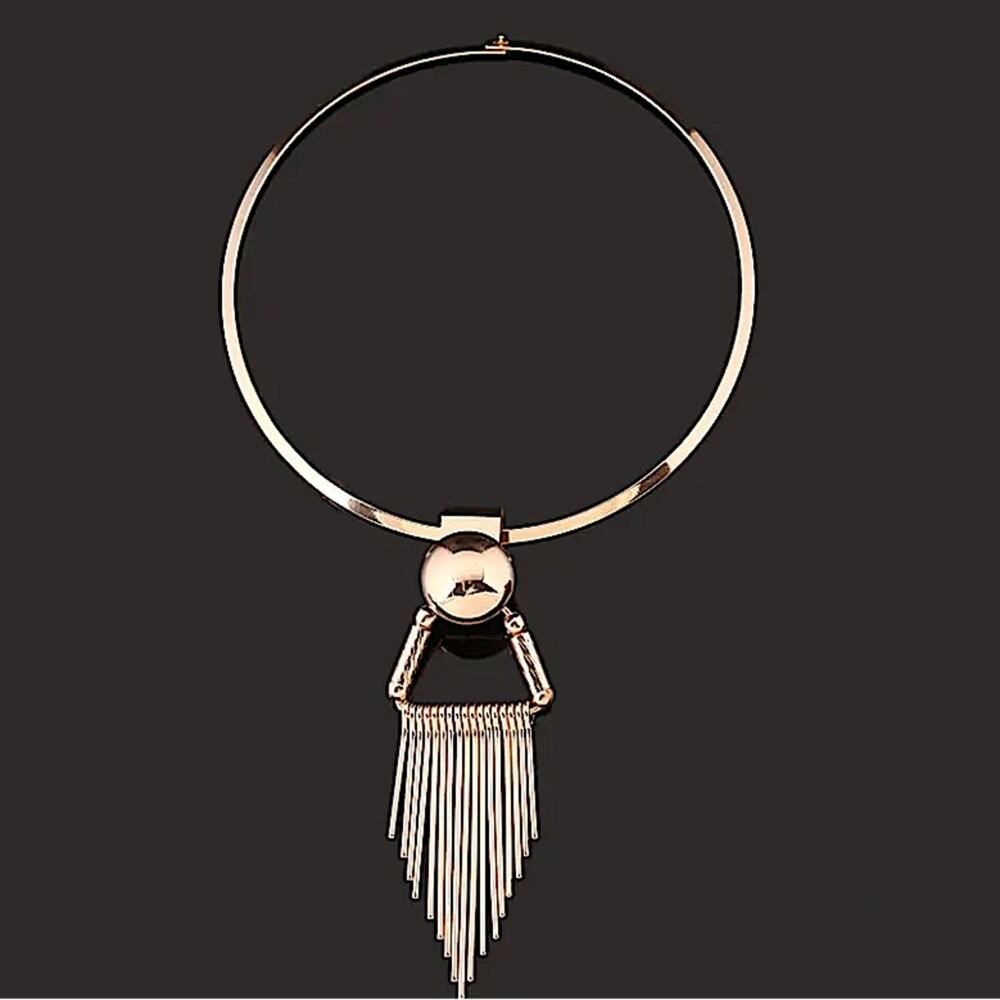 Gold Tassel Fringe Statement Choker Necklace Earrings - Picture 7 of 8
